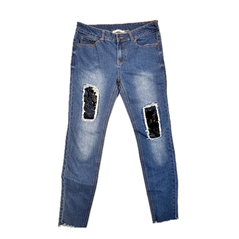 Grifflin Paris Womens Sequin Distressed Skinny Jeans Blue Medium Wash Size L